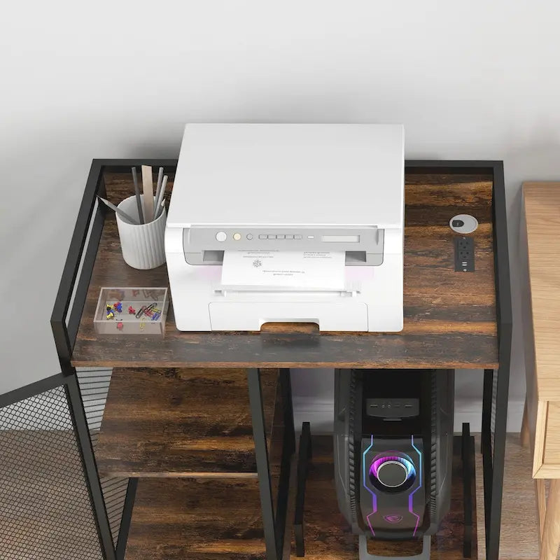 Meuble d'imprimante industriel avec prises et ports de chargement USB, support de CPU roulant, marron rustique