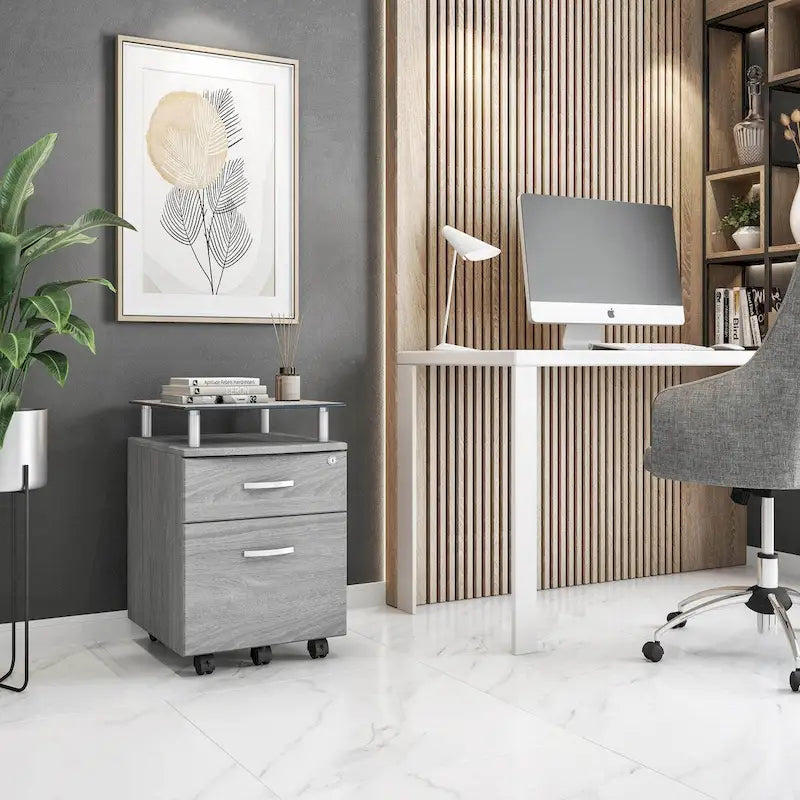Meuble de classement roulant avec plateau en verre trempé et tiroirs verrouillables, gris, MDF