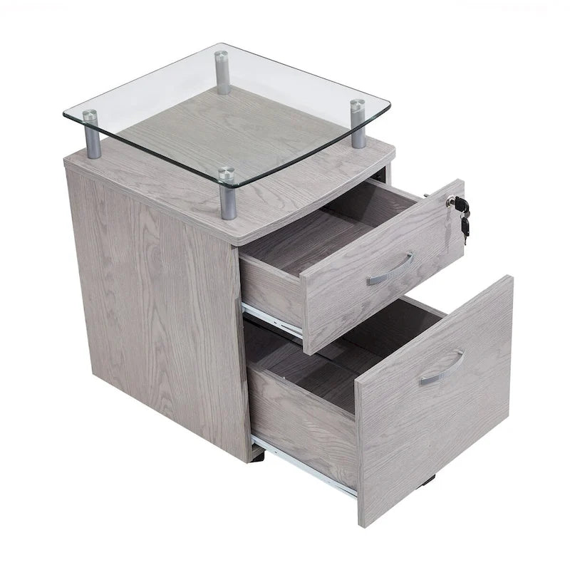 Meuble de classement roulant avec plateau en verre trempé et tiroirs verrouillables, gris, MDF