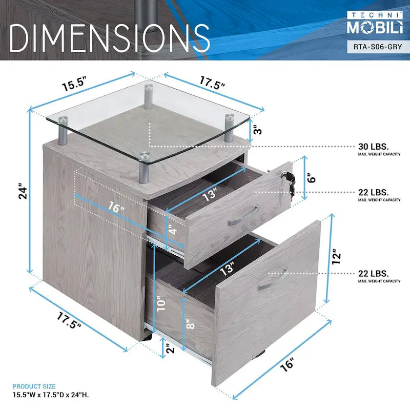 Meuble de classement roulant avec plateau en verre trempé et tiroirs verrouillables, gris, MDF