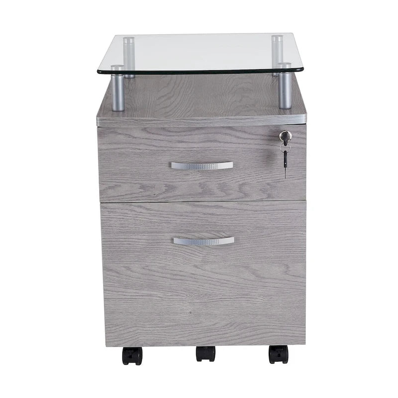 Meuble de classement roulant avec plateau en verre trempé et tiroirs verrouillables, gris, MDF