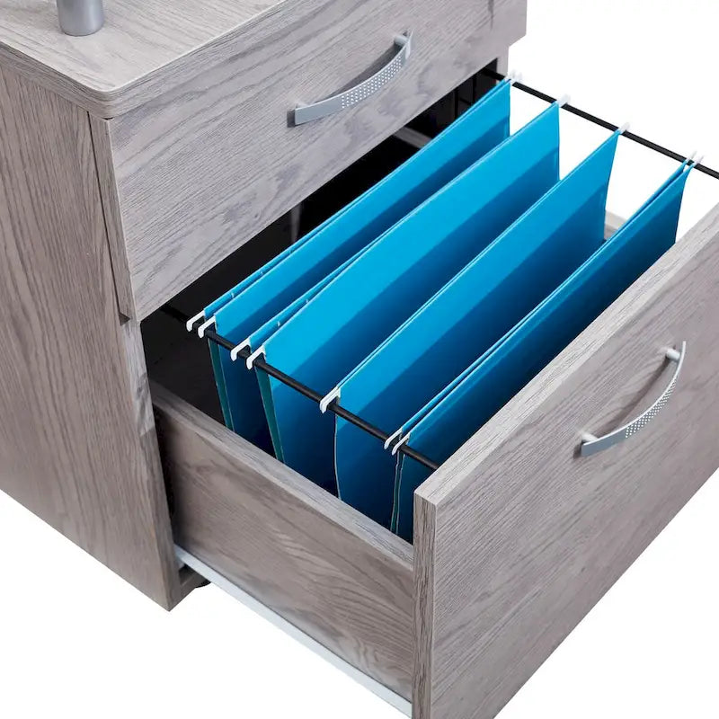 Meuble de classement roulant avec plateau en verre trempé et tiroirs verrouillables, gris, MDF