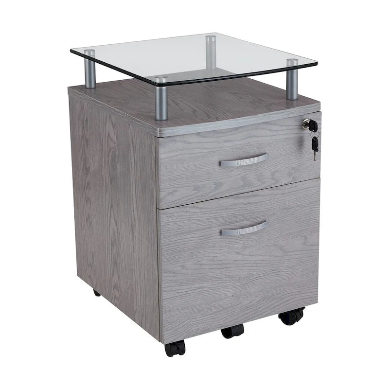 Meuble de classement roulant avec plateau en verre trempé et tiroirs verrouillables, gris, MDF