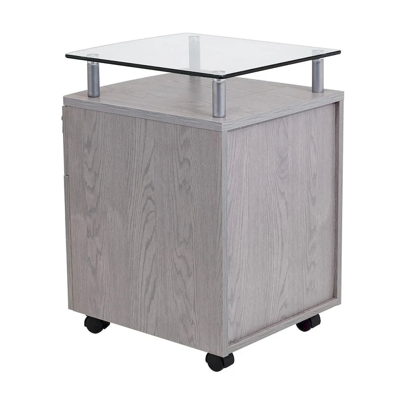 Meuble de classement roulant avec plateau en verre trempé et tiroirs verrouillables, gris, MDF