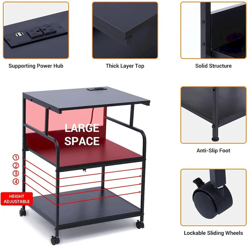 Support d'imprimante, grande table d'imprimante, support d'imprimante avec rangement, chariot d'imprimante, 59,4 x 48,5 x 80 cm, multiprise incluse