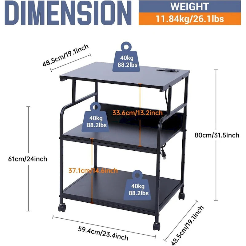Support d'imprimante, grande table d'imprimante, support d'imprimante avec rangement, chariot d'imprimante, 59,4 x 48,5 x 80 cm, multiprise incluse