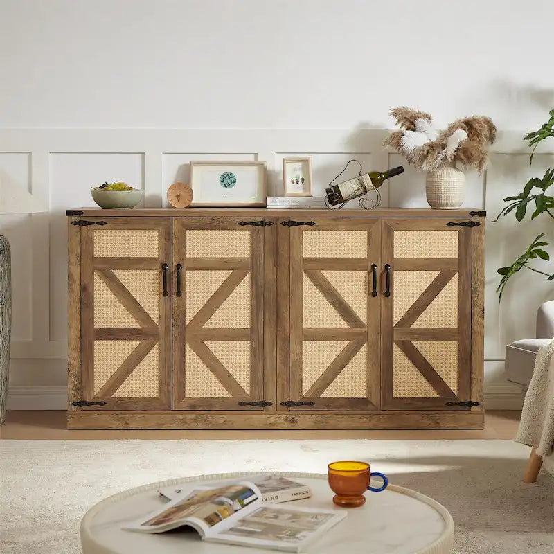 Buffet de 165 cm en faux rotin couleur chêne rustique, buffet style porte de grange rustique, salon, entrée, chambre