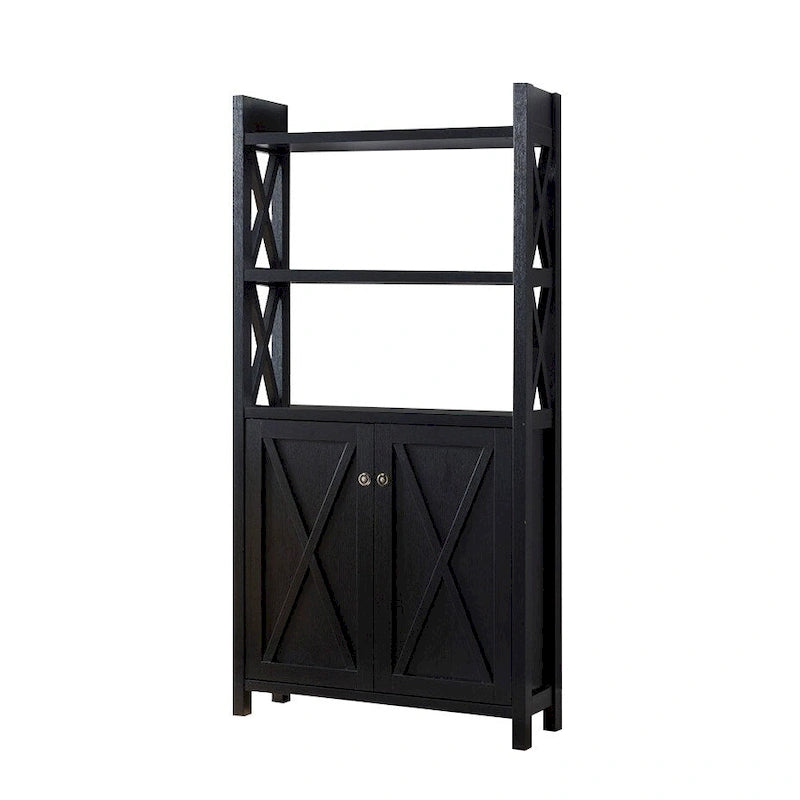 Meuble de rangement pour la maison Crosshatch Display, avec deux étagères supérieures, meuble à deux portes, coloris noir