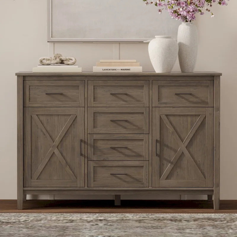 Buffet en bois massif de 54 po avec 6 tiroirs et 2 armoires, style transitionnel brun fumé