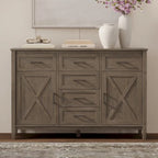 Buffet en bois massif de 54 po avec 6 tiroirs et 2 armoires, style transitionnel brun fumé