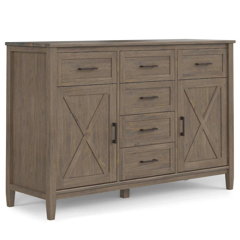 Buffet en bois massif de 54 po avec 6 tiroirs et 2 armoires, style transitionnel brun fumé
