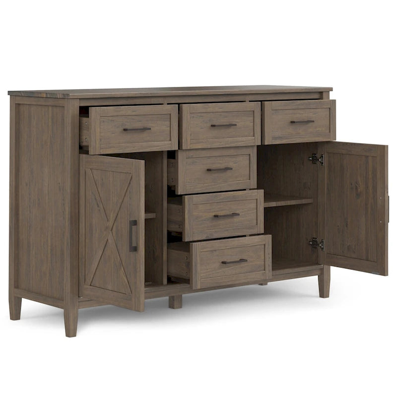 Buffet en bois massif de 54 po avec 6 tiroirs et 2 armoires, style transitionnel brun fumé