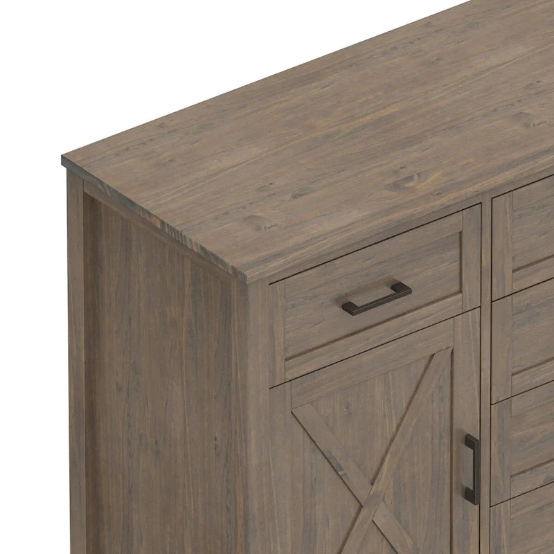 Buffet en bois massif de 54 po avec 6 tiroirs et 2 armoires, style transitionnel brun fumé