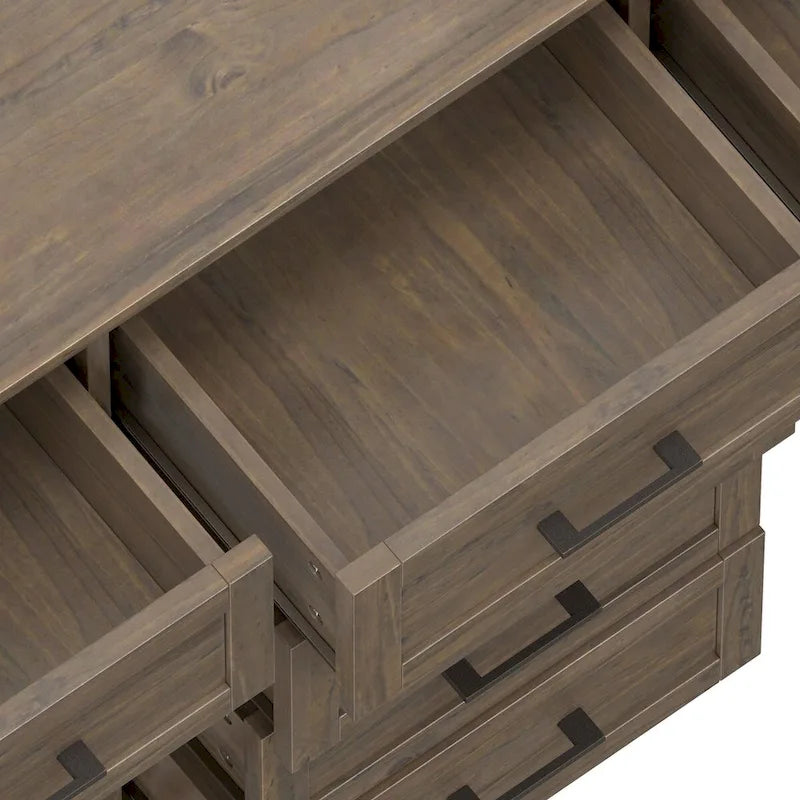 Buffet en bois massif de 54 po avec 6 tiroirs et 2 armoires, style transitionnel brun fumé