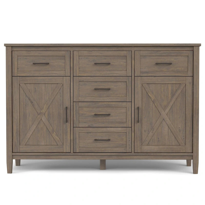 Buffet en bois massif de 54 po avec 6 tiroirs et 2 armoires, style transitionnel brun fumé