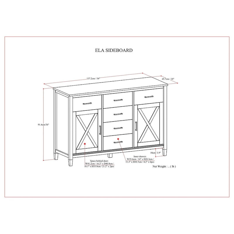 Buffet en bois massif de 54 po avec 6 tiroirs et 2 armoires, style transitionnel brun fumé