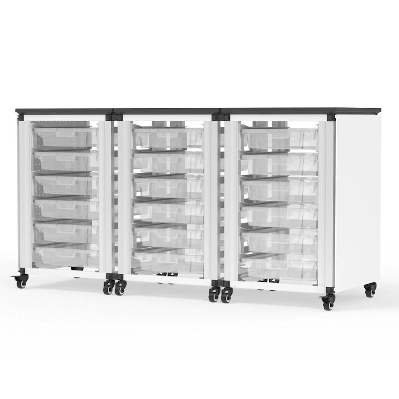 Meuble de rangement modulaire pour salle de classe – 3 modules juxtaposés avec 18 petits bacs, cadre en acier