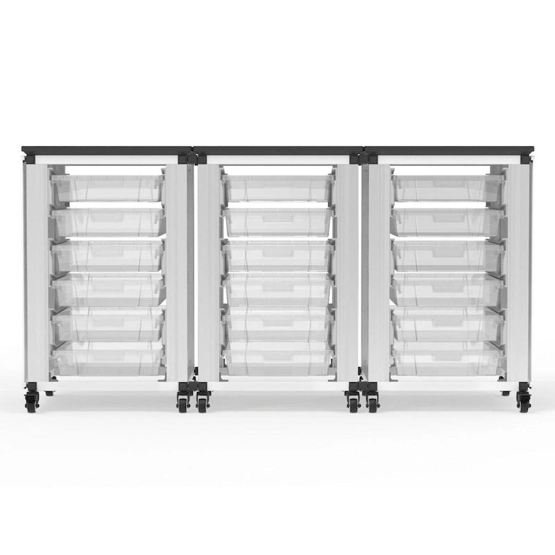 Meuble de rangement modulaire pour salle de classe – 3 modules juxtaposés avec 18 petits bacs, cadre en acier