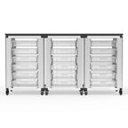Meuble de rangement modulaire pour salle de classe – 3 modules juxtaposés avec 18 petits bacs, cadre en acier