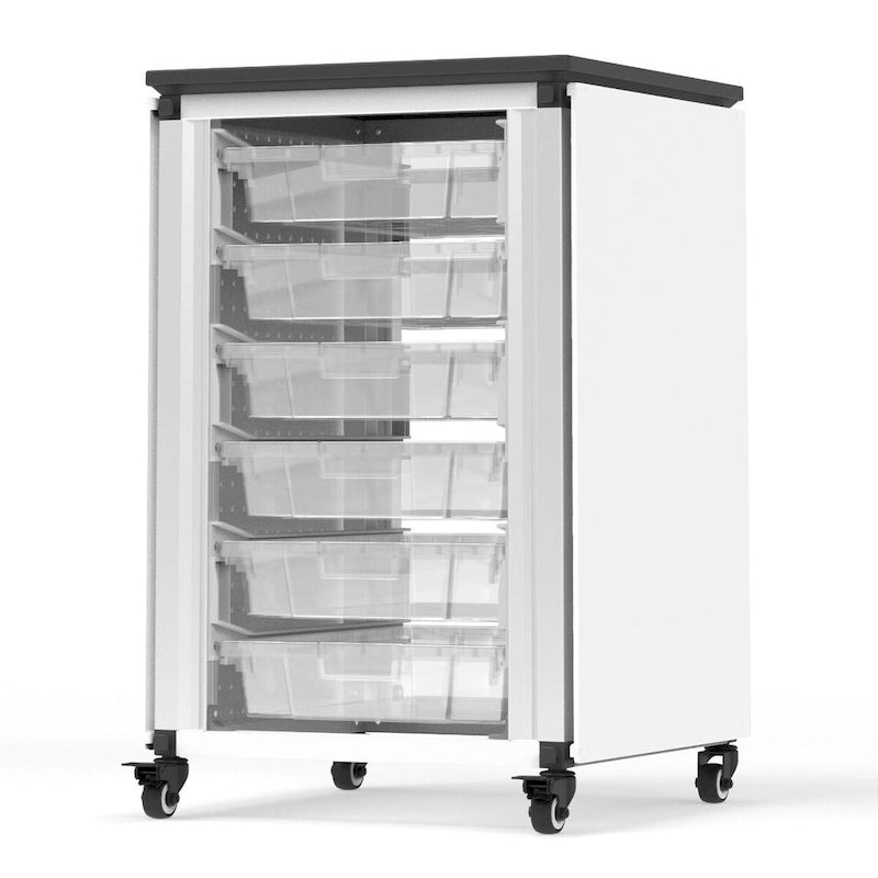 Meuble de rangement modulaire pour salle de classe – 3 modules juxtaposés avec 18 petits bacs, cadre en acier