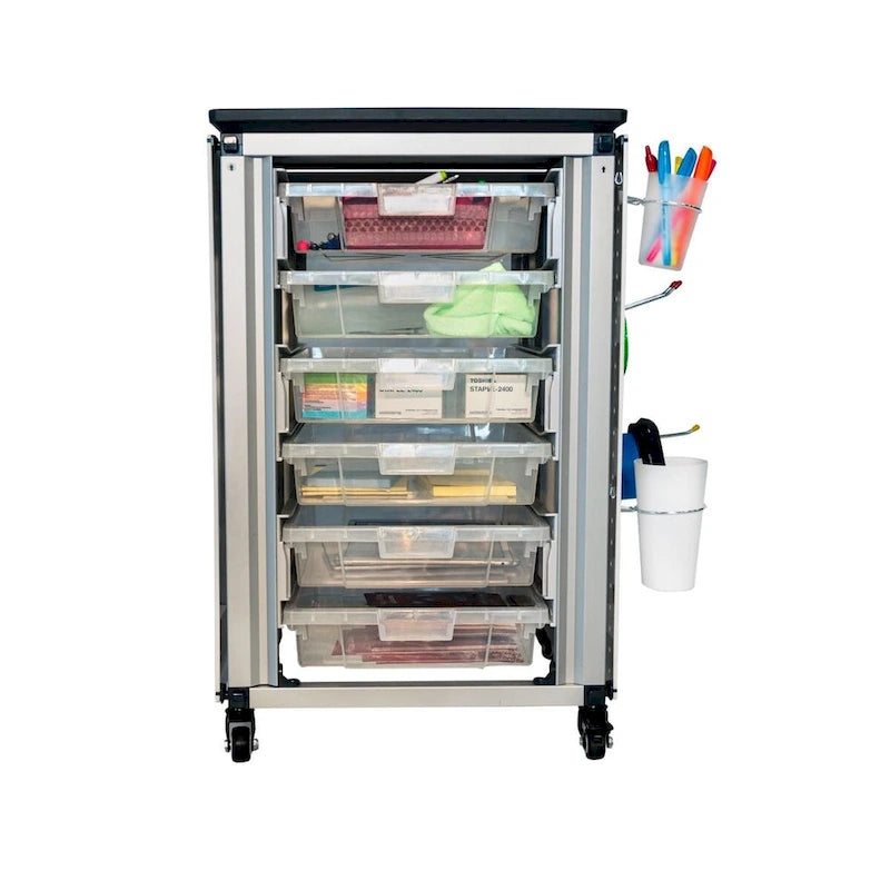 Meuble de rangement modulaire pour salle de classe – 3 modules juxtaposés avec 18 petits bacs, cadre en acier