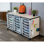Meuble de rangement modulaire pour salle de classe – 3 modules juxtaposés avec 18 petits bacs, cadre en acier