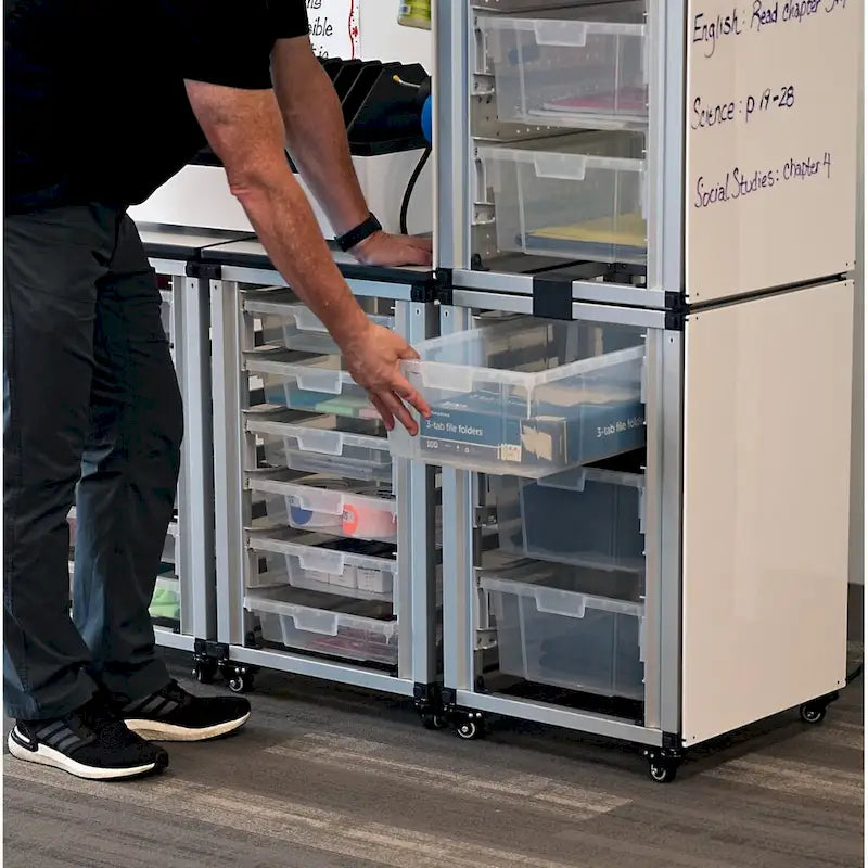 Meuble de rangement modulaire pour salle de classe – 3 modules juxtaposés avec 18 petits bacs, cadre en acier