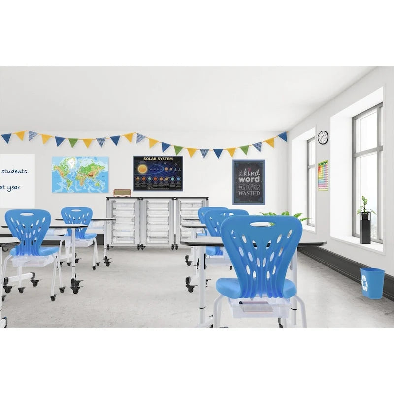 Meuble de rangement modulaire pour salle de classe – 3 modules juxtaposés avec 18 petits bacs, cadre en acier