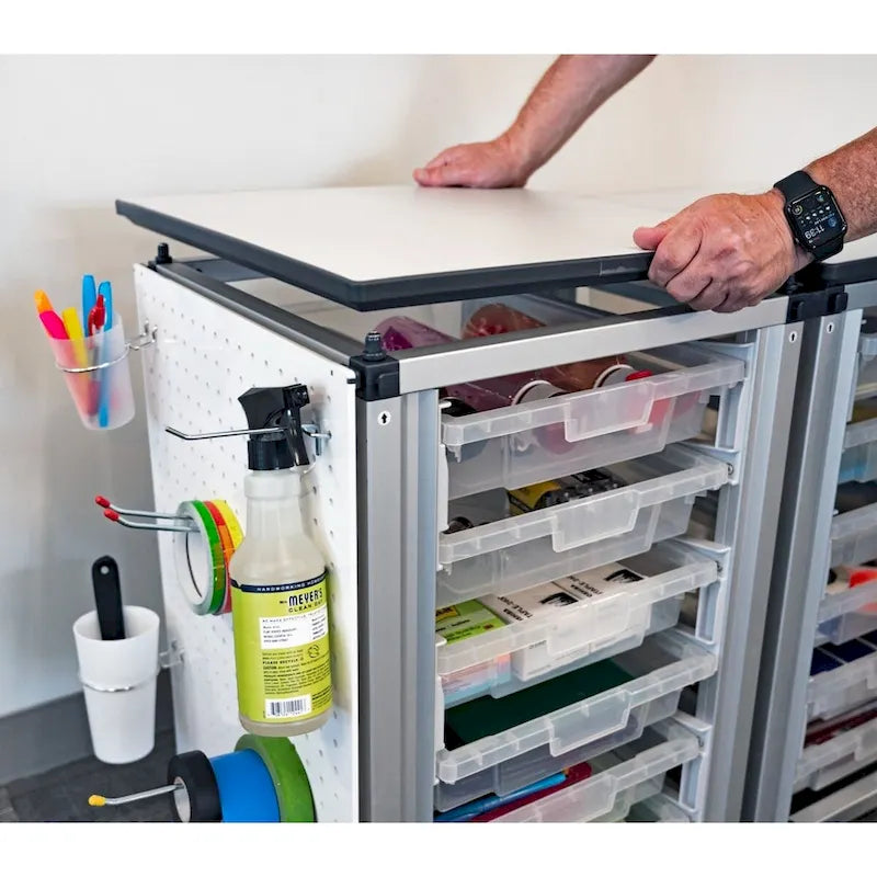 Meuble de rangement modulaire pour salle de classe – 3 modules juxtaposés avec 18 petits bacs, cadre en acier