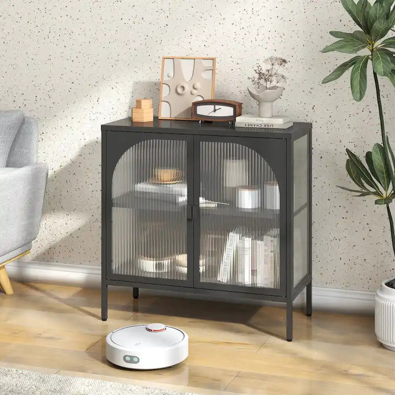 Meuble bahut en métal, buffet de rangement avec 2 portes vitrées, meuble de bar à café moderne