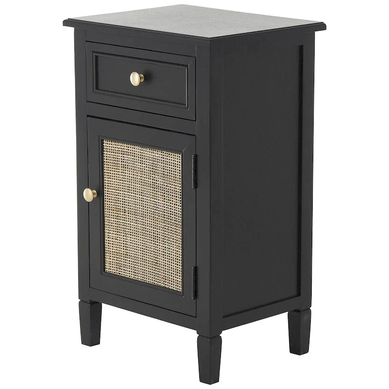 Meuble fait à la main en bois noir, avec 1 tiroir et porte en rotin, MDF et pin, 40x31.75x66 cm