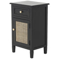 Meuble fait à la main en bois noir, avec 1 tiroir et porte en rotin, MDF et pin, 40x31.75x66 cm