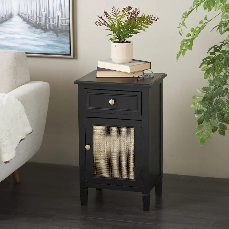 Meuble fait à la main en bois noir, avec 1 tiroir et porte en rotin, MDF et pin, 40x31.75x66 cm