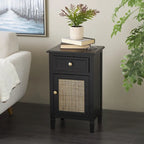 Meuble fait à la main en bois noir, avec 1 tiroir et porte en rotin, MDF et pin, 40x31.75x66 cm