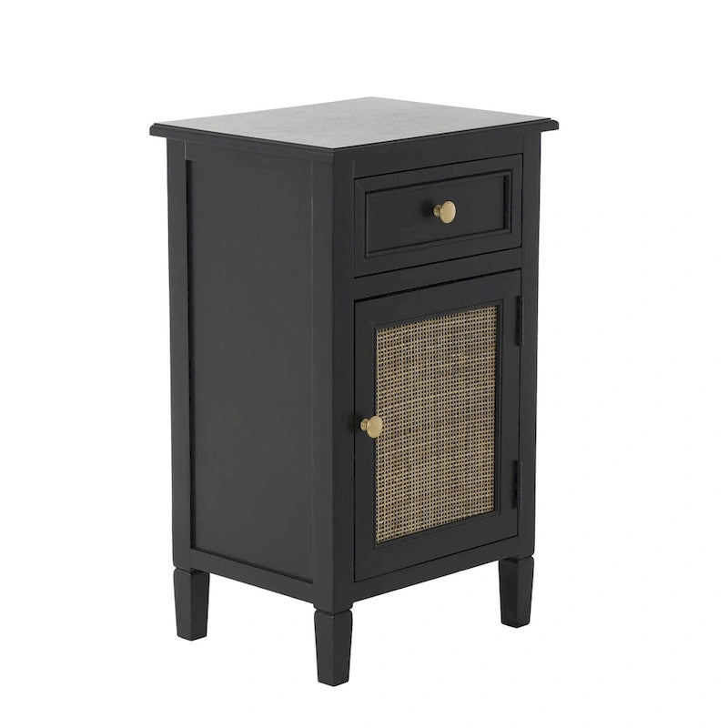 Meuble fait à la main en bois noir, avec 1 tiroir et porte en rotin, MDF et pin, 40x31.75x66 cm