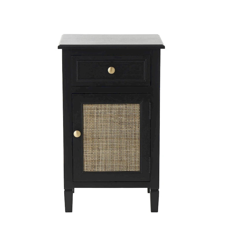Meuble fait à la main en bois noir, avec 1 tiroir et porte en rotin, MDF et pin, 40x31.75x66 cm