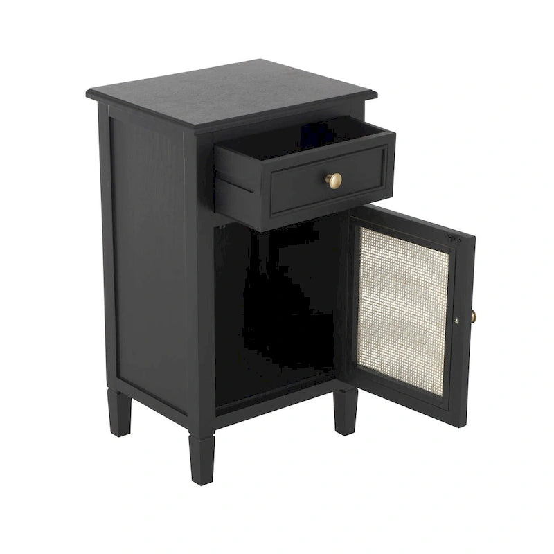 Meuble fait à la main en bois noir, avec 1 tiroir et porte en rotin, MDF et pin, 40x31.75x66 cm