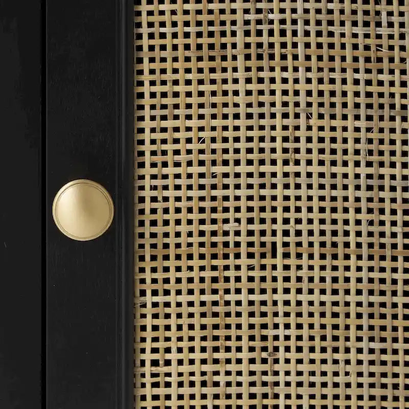 Meuble fait à la main en bois noir, avec 1 tiroir et porte en rotin, MDF et pin, 40x31.75x66 cm