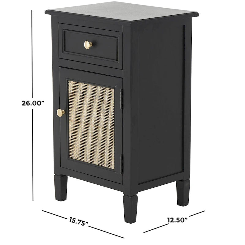 Meuble fait à la main en bois noir, avec 1 tiroir et porte en rotin, MDF et pin, 40x31.75x66 cm
