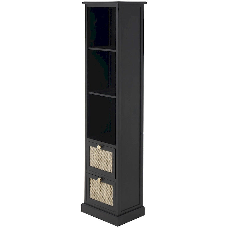Meuble en bois noir avec 3 étagères et 2 tiroirs à façade en rotin, pin et MDF, 14x11x58 po