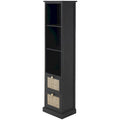 Meuble en bois noir avec 3 étagères et 2 tiroirs à façade en rotin, pin et MDF, 14x11x58 po
