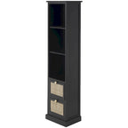 Meuble en bois noir avec 3 étagères et 2 tiroirs à façade en rotin, pin et MDF, 14x11x58 po