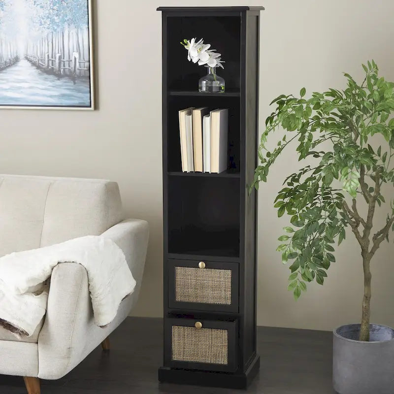 Meuble en bois noir avec 3 étagères et 2 tiroirs à façade en rotin, pin et MDF, 14x11x58 po