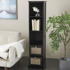 Meuble en bois noir avec 3 étagères et 2 tiroirs à façade en rotin, pin et MDF, 14x11x58 po