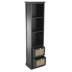 Meuble en bois noir avec 3 étagères et 2 tiroirs à façade en rotin, pin et MDF, 14x11x58 po