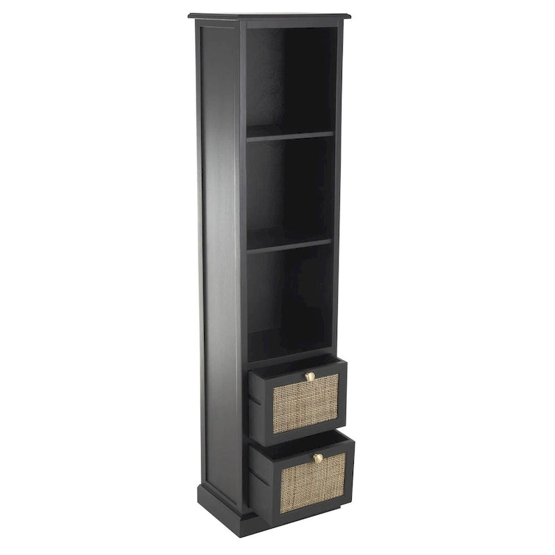 Meuble en bois noir avec 3 étagères et 2 tiroirs à façade en rotin, pin et MDF, 14x11x58 po