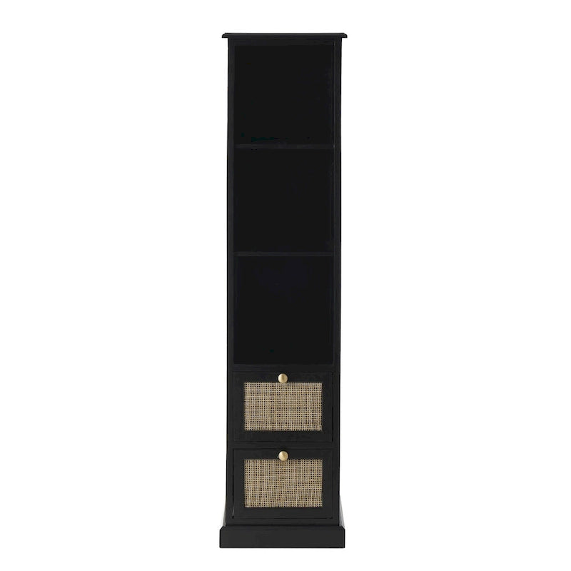 Meuble en bois noir avec 3 étagères et 2 tiroirs à façade en rotin, pin et MDF, 14x11x58 po