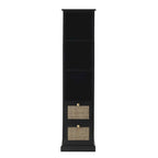 Meuble en bois noir avec 3 étagères et 2 tiroirs à façade en rotin, pin et MDF, 14x11x58 po