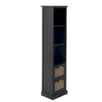 Meuble en bois noir avec 3 étagères et 2 tiroirs à façade en rotin, pin et MDF, 14x11x58 po