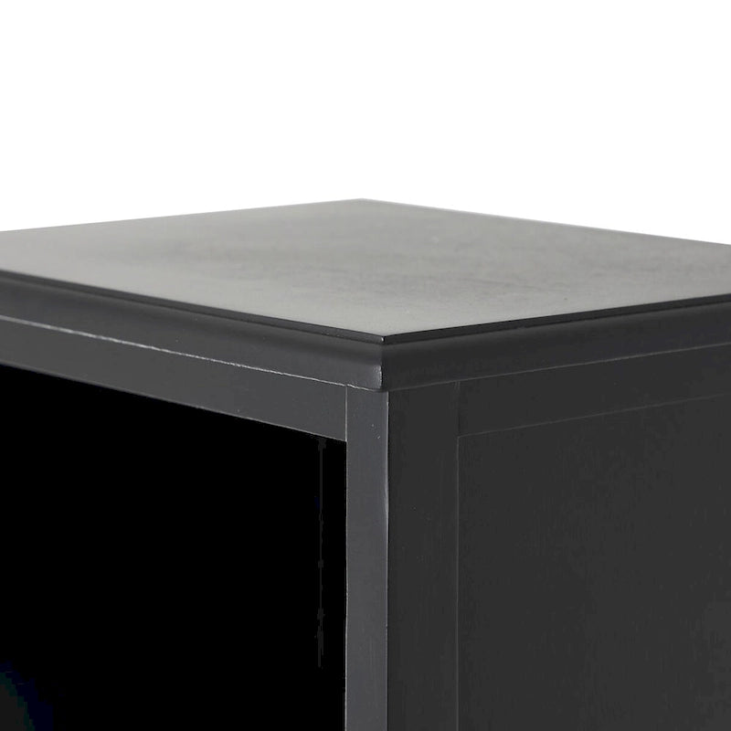 Meuble en bois noir avec 3 étagères et 2 tiroirs à façade en rotin, pin et MDF, 14x11x58 po